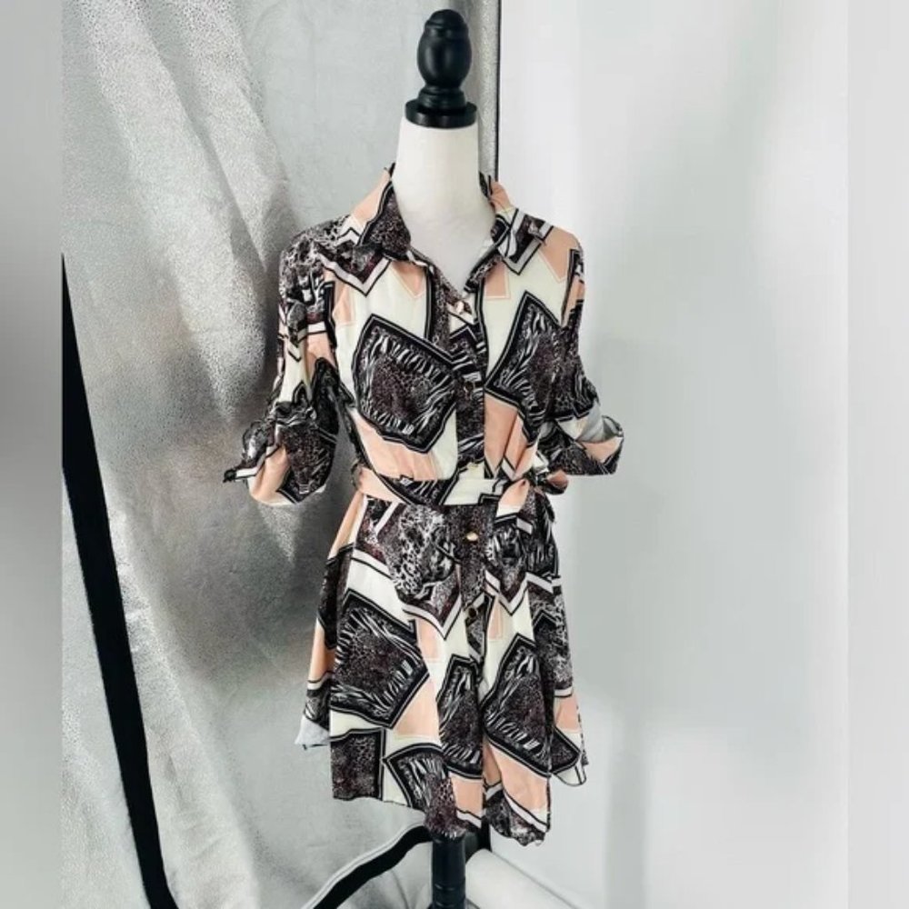 Leopard Print Abstract Print Long Roll Tab Sleeve Loose Fit Mini Shirt Dress - Picture 8 of 13